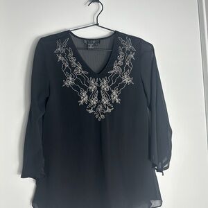 Ninety Black Blouse with White Embroidery